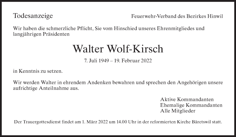  Traueranzeige für Walter Wolf-Kirsch vom 25.02.2022 aus AvU