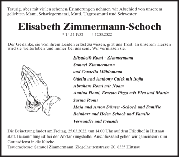 Traueranzeige von Elisabeth Zimmermann-Schoch von AvU