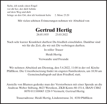 Traueranzeige von Gertrud Hertig von AvU