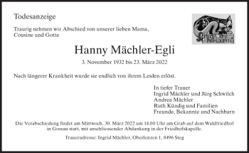 Traueranzeige von Hanny Mächler-Egli von AvU