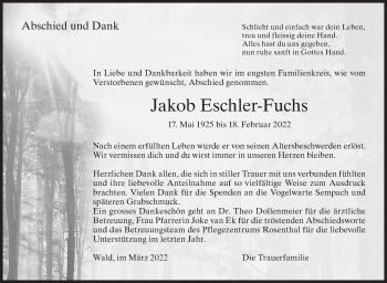 Traueranzeige von Jakob Eschler-Fuchs von AvU