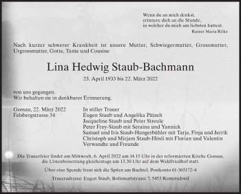 Traueranzeige von Lina Hedwig Staub-Bachmann von AvU