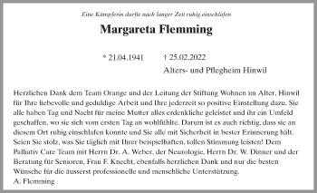 Traueranzeige von Margareta Flemming von AvU