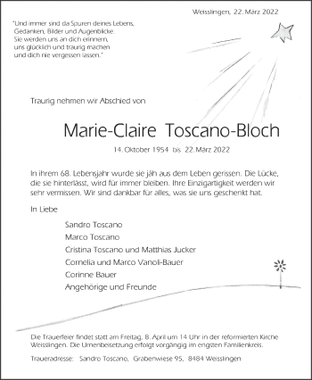 Traueranzeige von Marie-Claire Toscano-Bloch von AvU