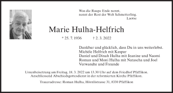 Traueranzeige von Marie Hulha-Helfrich von AvU