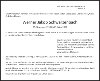 Traueranzeige von Werner Jakob Schwarzenbach von AvU