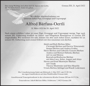 Traueranzeige von Alfred Bärfuss-Oertli von AvU