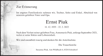 Traueranzeige von Ernst Piuk von AvU