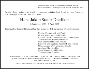 Traueranzeige von Hans Jakob Staub-Dietliker von AvU