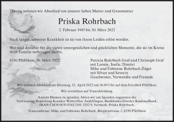 Traueranzeige von Priska Rohrbach von AvU