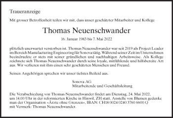 Traueranzeige von Thomas Neuenschwander von AVU