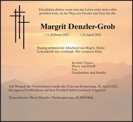 Traueranzeige von Margrit Denzler-Grob von VO solo