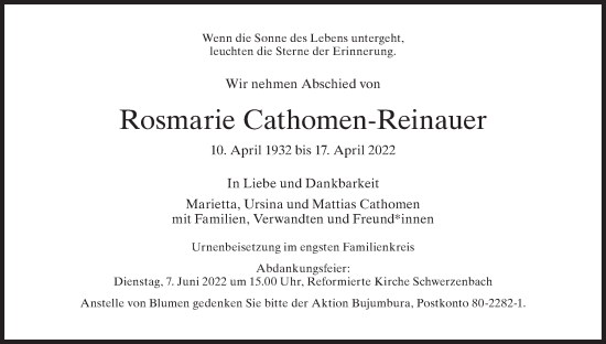 Traueranzeige von Rosmarie Cathomen-Reinauer von VO solo