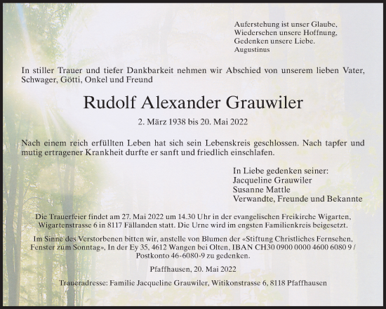 Traueranzeige von Rudolf Alexander Grauwiler von VO solo