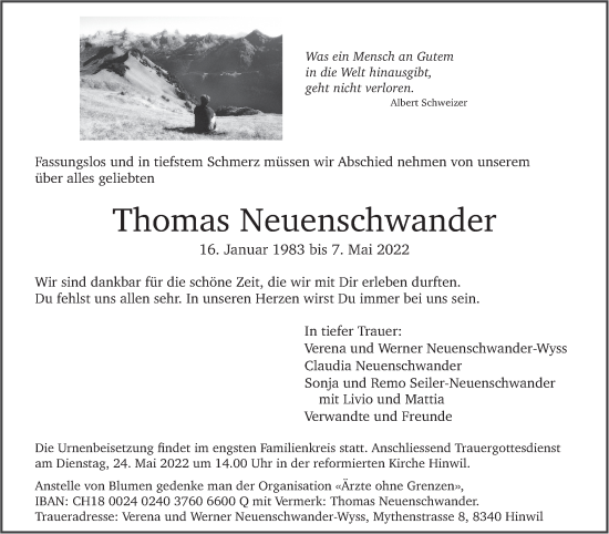 Traueranzeige von Thomas Neuenschwander von AvU