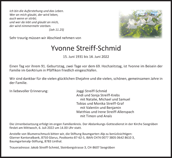 Traueranzeige von Yvonne Streiff-Schmid von AvU