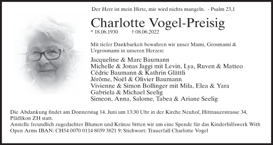 Traueranzeige von Charlotte Vogel-Preisig von AvU