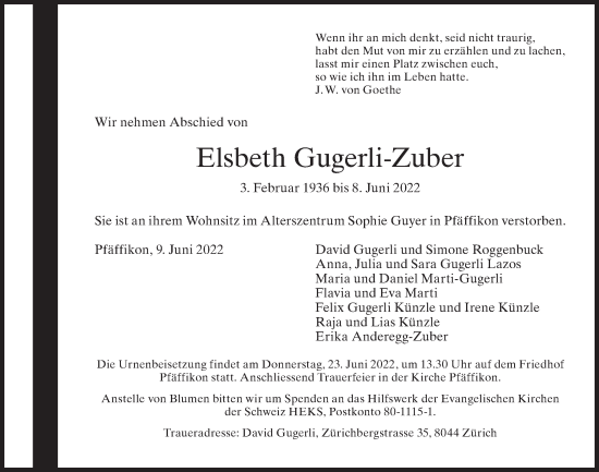 Traueranzeige von Elsbeth Gugerli-Zuber von AvU