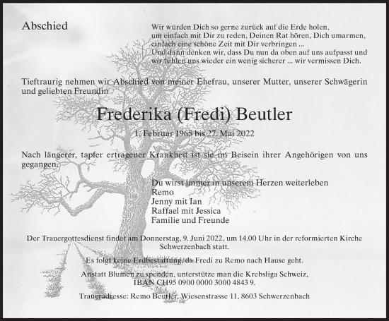 Traueranzeige von Frederika Beutler von VO solo