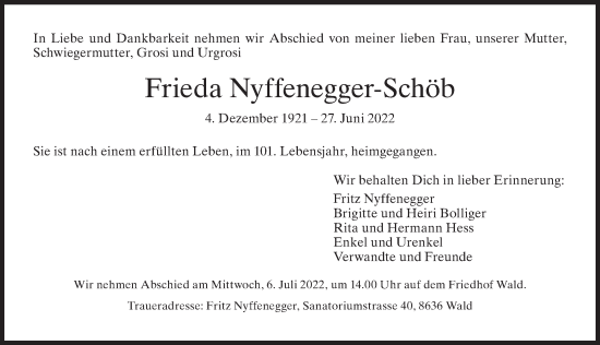 Traueranzeige von Frieda Nyffenegger-Schöb von AvU