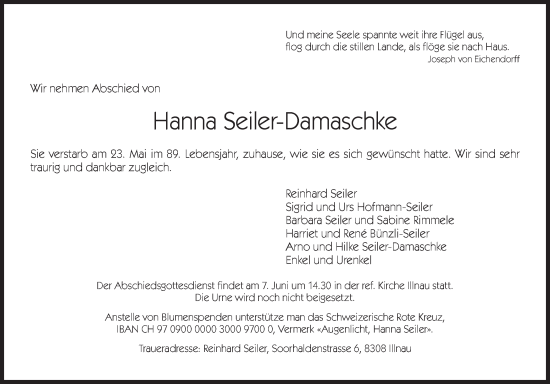 Traueranzeige von Hanna Seiler-Damaschke von reg_5