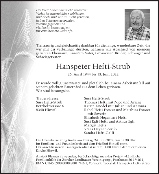 Traueranzeige von Hanspeter Hefti-Strub von AvU