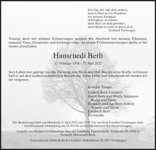 Traueranzeige von Hansruedi Berli von AvU