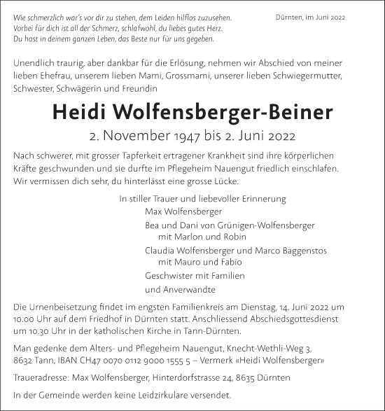 Traueranzeige von Heidi Wolfensberger-Beiner von AvU