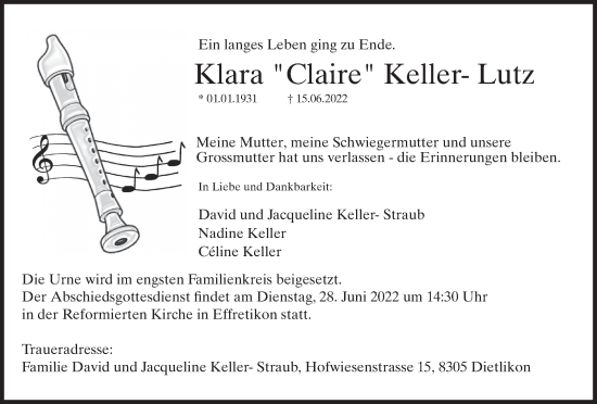 Traueranzeige von Klara Claire  Keller-Lutz von reg_5