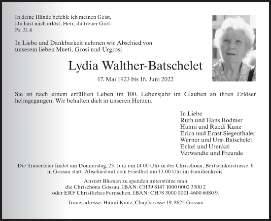 Traueranzeige von Lydia Walther-Batschelet von AvU