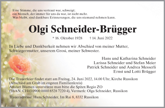 Traueranzeige von Olgi Schneider-Brügger von AvU