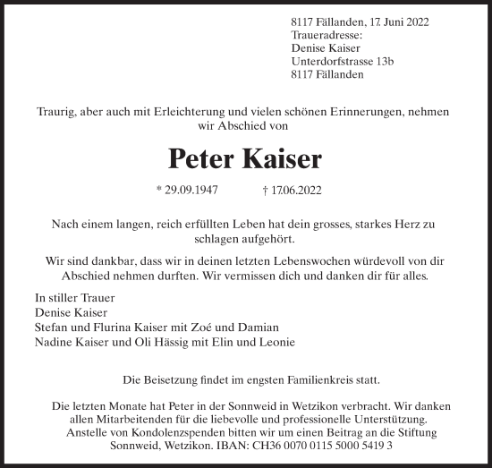 Traueranzeige von Peter Kaiser von VO solo