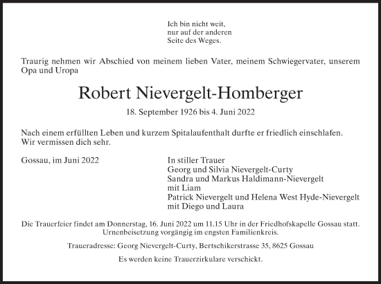 Traueranzeige von Robert Nievergelt-Homberger von AvU