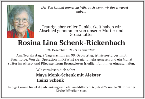 Traueranzeige von Rosina Lina Schenk-Rickenbach von reg_5