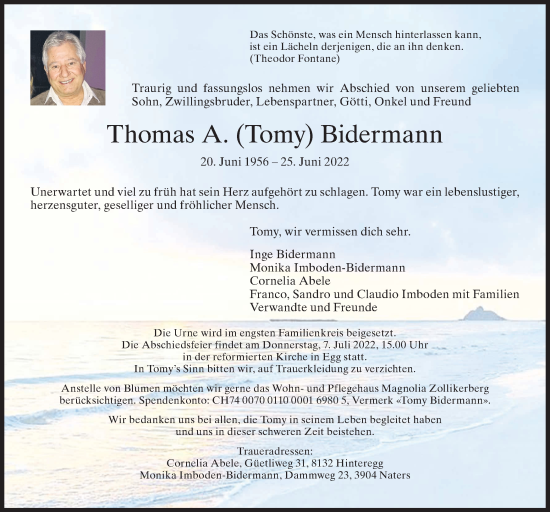 Traueranzeige von Thomas A. Bidermann von AvU