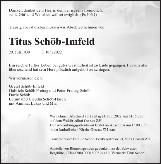 Traueranzeige von Titus Schöb-Imfeld von AvU