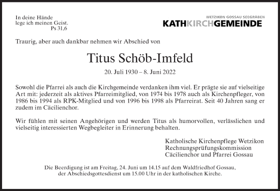 Traueranzeige von Titus Schöb-Imfeld von AvU