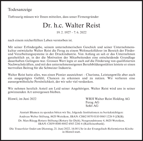 Traueranzeige von Walter Reist von AvU