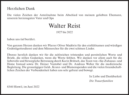 Traueranzeige von Walter Reist von ZO solo