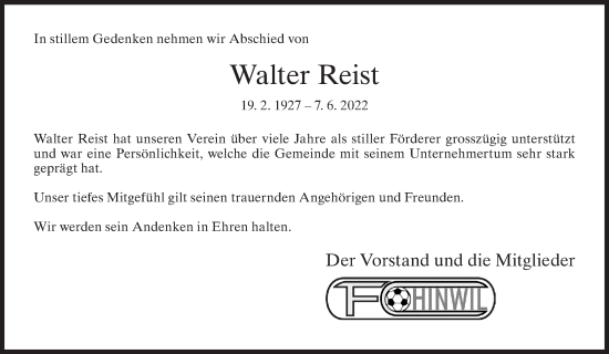 Traueranzeige von Walter Reist von AvU