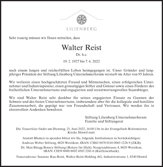 Traueranzeige von Walter Reist von AvU