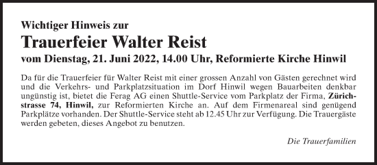 Traueranzeige von Walter Reist von AvU