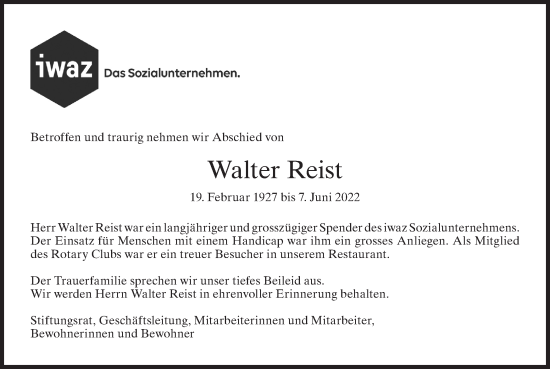 Traueranzeige von Walter Reist von AvU