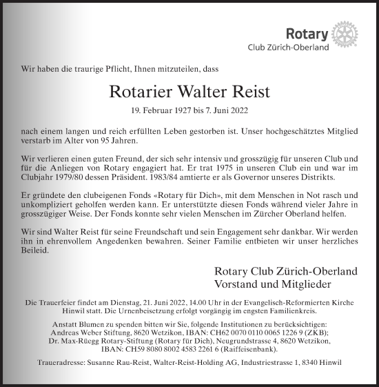 Traueranzeige von Walter Reist von AvU