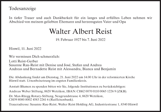 Traueranzeige von Walter Albert Reist von AvU