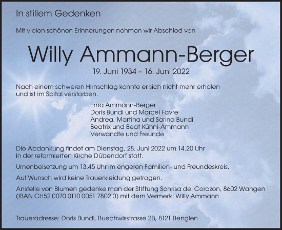 Traueranzeige von Willy Ammann-Berger von VO solo