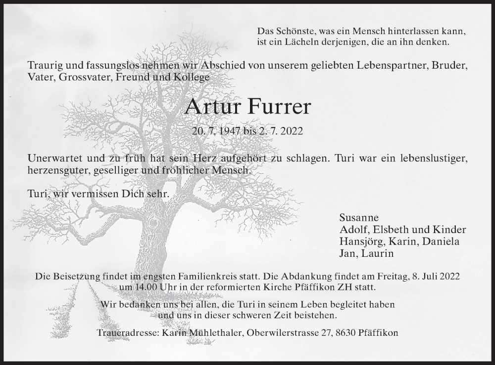  Traueranzeige für Artur Furrer vom 06.07.2022 aus AvU