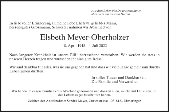 Traueranzeige von Elsbeth Meyer-Oberholzer von AvU