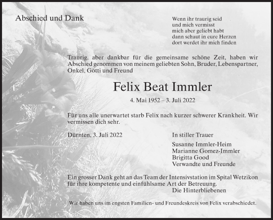 Traueranzeige von Felix Beat Immler von AvU