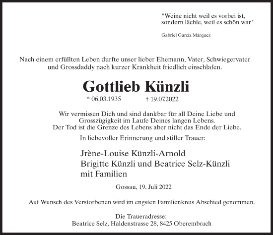 Traueranzeige von Gottlieb Künzli von AvU